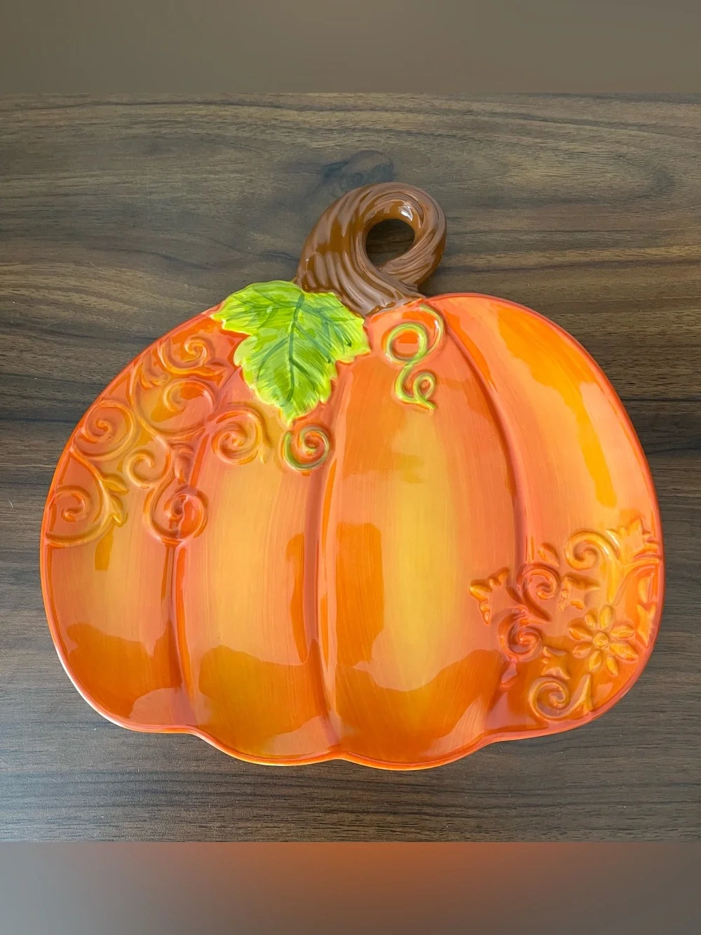 Ceramic Pumpkin Serving Platter - Orange with Green Leaf